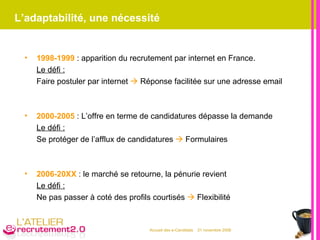 L’adaptabilité, une nécessité 1998-1999  : apparition du recrutement par internet en France. Le défi :   Faire postuler par internet    Réponse facilitée sur une adresse email 2000-2005  : L’offre en terme de candidatures dépasse la demande Le défi :   Se protéger de l’afflux de candidatures    Formulaires 2006-20XX  : le marché se retourne, la pénurie revient Le défi :   Ne pas passer à coté des profils courtisés    Flexibilité 