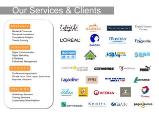Our Services & Clients
RESEARCH
Market & Consumer
Disruptive Innovations
Competitors Analysis
Trends Scouting


STRATEGY
Digital Communication
Digital Marketing
E-Retailing
E-Business Management


E V E N T S
Conferences organization
On-site tours: China, Japan, South Korea
Keynotes of experts



TRAINING
Workshops Sessions
Training Seminars
Customized Online Platform
 