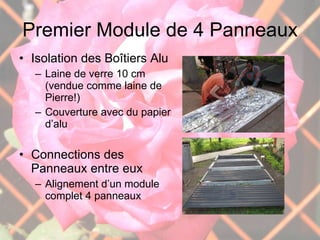Premier Module de 4 Panneaux Isolation des Boîtiers Alu  Laine de verre 10 cm (vendue comme laine de Pierre!)  Couverture avec du papier d’alu Connections des Panneaux entre eux Alignement d’un module complet 4 panneaux 