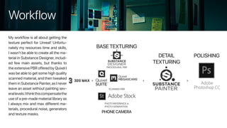 Workflow
My workflow is all about getting the
texture perfect for Unreal! Unfortu-
nately my resources time and skills,
I wasn’t be able to create all the ma-
terial in Substance Designer, includ-
ed few main assets, but thanks to
the extensive PBR offered by Quixel I
was be able to get some high quality
scanned material, and then tweaked
them in Substance Painter,as I never
leave an asset without painting sev-
erallevels.Ithinkthiscompensatethe
use of a pre-made material library as
I always mix and max different ma-
terials, procedural noise, generators
and texture masks.
 