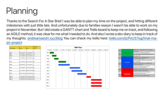 Planning
Thanks to the Search For A Star Brief I was be able to plan my time on the project, and hitting different
milestones with just little late. And unfortunately due to families reason I wasn’t be able to work on my
project in November.But I did create a GANTT chart and Trello board to keep me on track,and following
an AGILE method,it was clear for me what I needed to do.And also I wrote a dev diary to keep in track of
my thoughts: andreamaestri.xyz/blog You can check my trello here: trello.com/b/Pxtz57og/final-ma-
jor-project
 