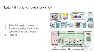 Latent diffusions: long story short
1. Take “taiming transformers”
2. Replace transformer with the
conditional diffusion model
3. PROFIT
 