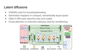 Latent diffusions
● VQGAN used for encoding/decoding
● Generation happens in compact, semantically equal space
● UNet in DM uses inductive bias and scales
● Cross-attention or channels stacking used for conditioning
 