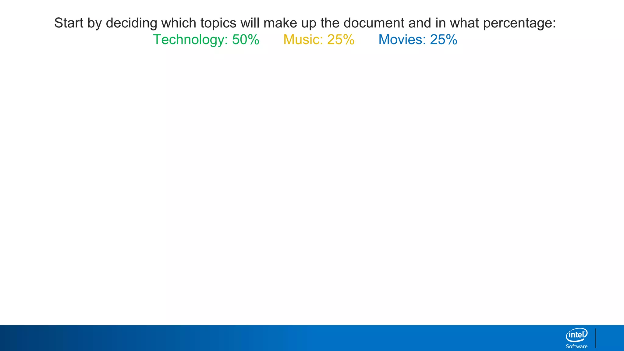 Start by deciding which topics will make up the document and in what percentage:
Technology: 50% Music: 25% Movies: 25%
 