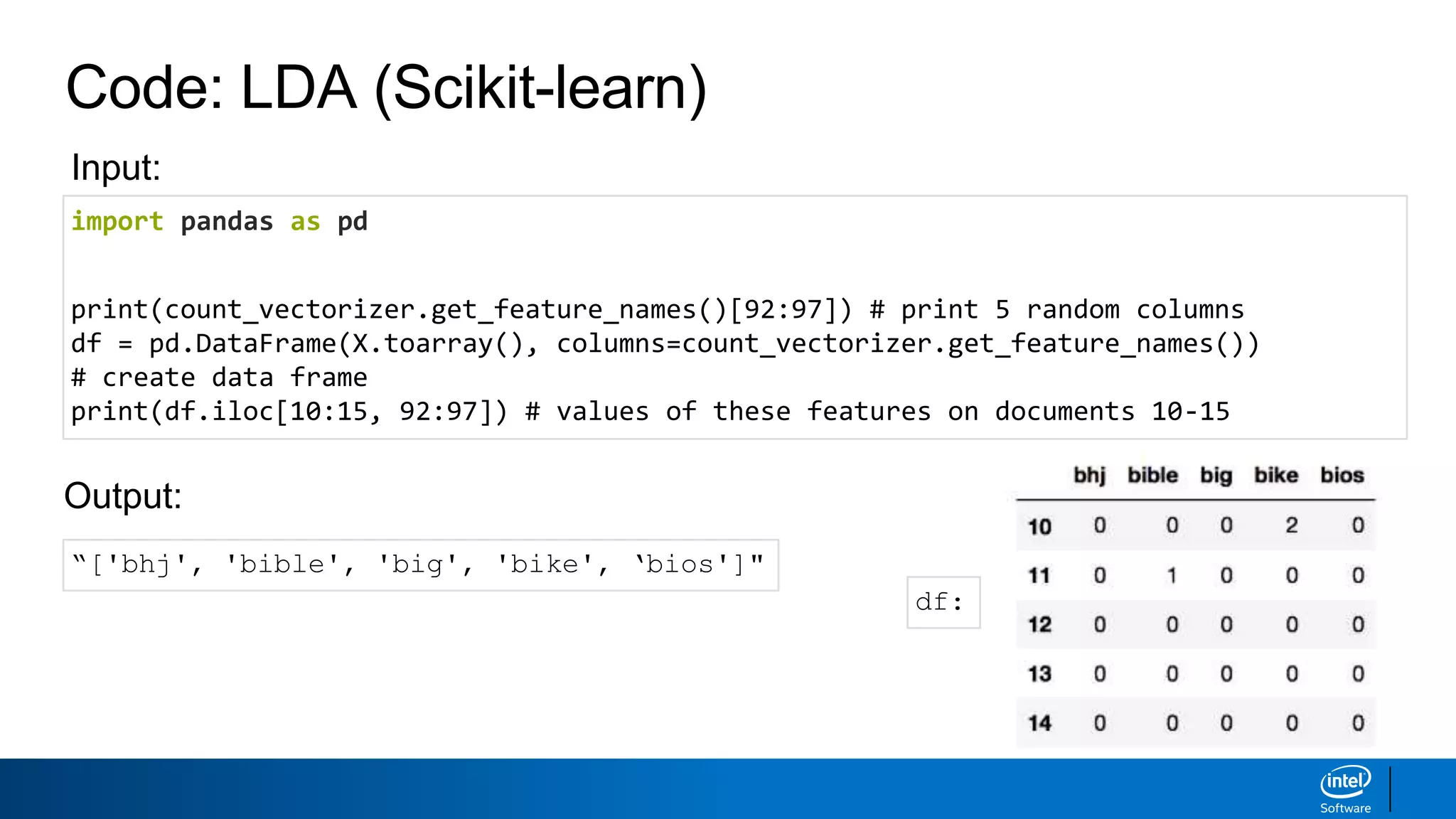 Code: LDA (Scikit-learn)
import pandas as pd
print(count_vectorizer.get_feature_names()[92:97]) # print 5 random columns
df = pd.DataFrame(X.toarray(), columns=count_vectorizer.get_feature_names())
# create data frame
print(df.iloc[10:15, 92:97]) # values of these features on documents 10-15
“['bhj', 'bible', 'big', 'bike', ‘bios']"
Output:
Input:
df:
 