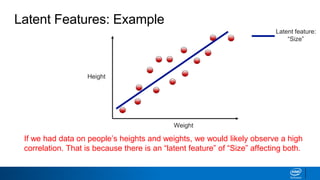 Latent Features: Example
If we had data on people’s heights and weights, we would likely observe a high
correlation. That is because there is an “latent feature” of “Size” affecting both.
Height
Weight
Latent feature:
“Size”
 