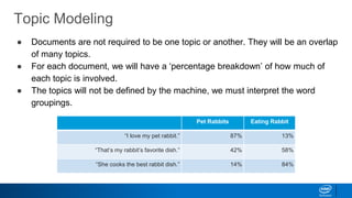Pet Rabbits Eating Rabbit
“I love my pet rabbit.” 87% 13%
“That’s my rabbit’s favorite dish.” 42% 58%
“She cooks the best rabbit dish.” 14% 84%
Topic Modeling
● Documents are not required to be one topic or another. They will be an overlap
of many topics.
● For each document, we will have a ‘percentage breakdown’ of how much of
each topic is involved.
● The topics will not be defined by the machine, we must interpret the word
groupings.
 