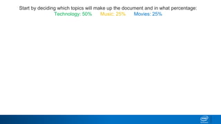 Start by deciding which topics will make up the document and in what percentage:
Technology: 50% Music: 25% Movies: 25%
 