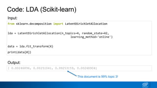 Code: LDA (Scikit-learn)
from sklearn.decomposition import LatentDirichletAllocation
lda = LatentDirichletAllocation(n_topics=4, random_state=42,
learning_method='online')
data = lda.fit_transform(X)
print(data[0])
[ 0.00246896, 0.00251041, 0.99253159, 0.00248904]
Output:
Input:
This document is 99% topic 3!
 
