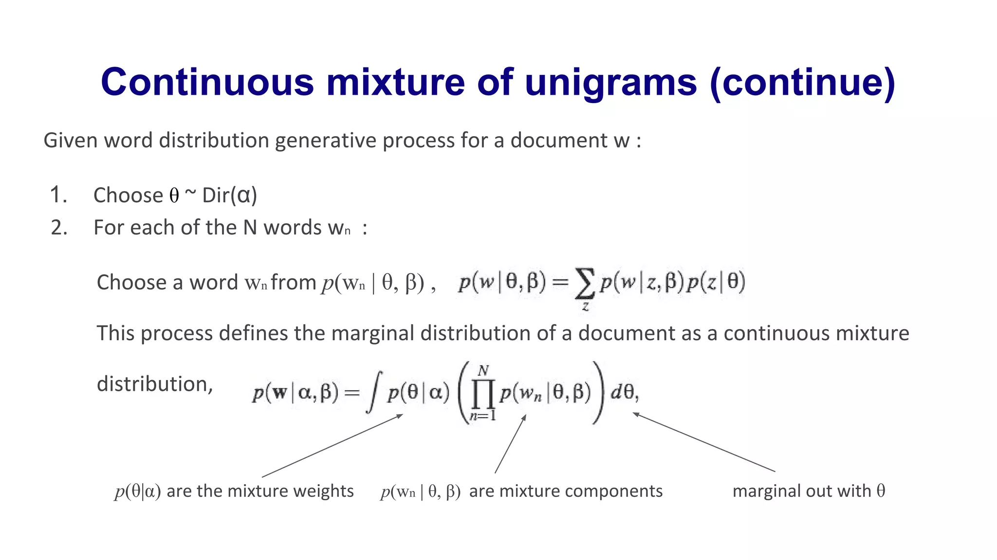 Continuous mixture of unigrams (continue)
Given word distribution generative process for a document w :
1. Choose θ ~ Dir(α)
2. For each of the N words wn :
Choose a word wn from p(wn | θ, β) ,
This process defines the marginal distribution of a document as a continuous mixture
distribution,
p(θ|α) are the mixture weights p(wn | θ, β) are mixture components marginal out with θ
 