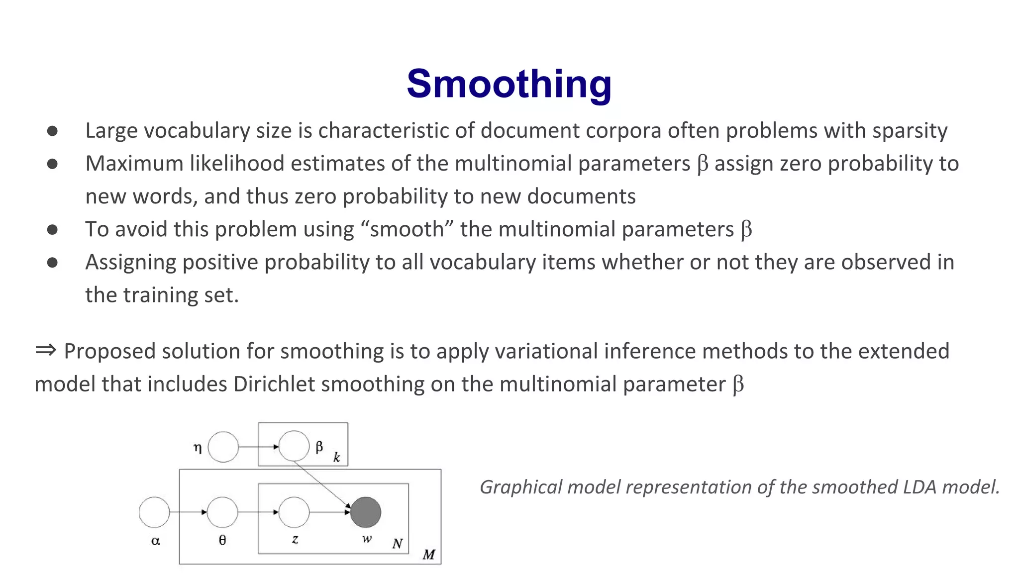 Smoothing
● Large vocabulary size is characteristic of document corpora often problems with sparsity
● Maximum likelihood estimates of the multinomial parameters β assign zero probability to
new words, and thus zero probability to new documents
● To avoid this problem using “smooth” the multinomial parameters β
● Assigning positive probability to all vocabulary items whether or not they are observed in
the training set.
⇒ Proposed solution for smoothing is to apply variational inference methods to the extended
model that includes Dirichlet smoothing on the multinomial parameter β
Graphical model representation of the smoothed LDA model.
 