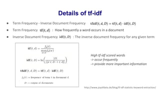 Details of tf-idf
● Term Frequency - Inverse Document Frequency :
● Term Frequency : How frequently a word occurs in a document
● Inverse Document Frequency : The inverse document frequency for any given term
http://www.joyofdata.de/blog/tf-idf-statistic-keyword-extraction/
High tf-idf scored words
-> occur frequently
-> provide more important information
 