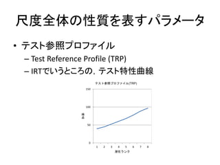 尺度全体の性質を表すパラメータ
• テスト参照プロファイル
– Test Reference Profile (TRP)
– IRTでいうところの，テスト特性曲線
0
50
100
150
1 2 3 4 5 6 7 8
得
点
潜在ランク
テスト参照プロファイル(TRP)
 