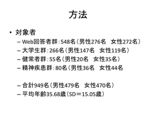 方法
• 対象者
– Web回答者群：548名（男性276名 女性272名）
– 大学生群：266名（男性147名 女性119名）
– 健常者群：55名（男性20名 女性35名）
– 精神疾患群：80名（男性36名 女性44名
– 合計949名（男性479名 女性470名）
– 平均年齢35.68歳（SD＝15.05歳）
 