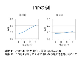 IRPの例
項目49：いつもより気が重くて，憂鬱になることは
項目31：いつもより周りの人々に親しみや暖かさを感じることが
 