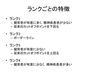 ランクごとの特徴
• ランク1
– 健常者が有意に多く，精神疾患者が少ない
– 従来のカットオフポイントを下回る
• ランク2
– ボーダーライン
• ランク3
– 健常者が有意に少ない
– 従来のカットオフポイントを上回る
• ランク4
– 健常者が有意に少なく，精神疾患者が多い
 