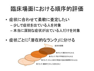 臨床場面における順序的評価
• 症状に合わせて柔軟に査定したい
– 少しで症状を出ている人を対象
– 本当に深刻な症状が出ている人だけを対象
• 症状ごとに「潜在的なランク」に分ける
 
