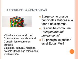 LA TEORÍA DE LA COMPLEJIDAD
 Surge como una de
principales Críticas a la
teoría de sistemas.
 Se concibe como una
“reingeniería del
pensamiento”
 Su principal expositor
es el Edgar Morín
-Conduce a un modo de
Construcción que aborda al
Conocimiento como un
proceso
Biológico, cultural, histórico,
no solo Desde sus relaciones
e interacción.
 