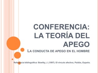 CONFERENCIA:
                    LA TEORÍA DEL
                          APEGO
              LA CONDUCTA DE APEGO EN EL HOMBRE


Referencia bibliográfica: Bowlby, J. (1997). El vínculo afectivo, Paidós, España.
 