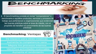  El benchmarking consiste en tomar "comparadores" o
benchmarks a aquellos productos, servicios y procesos de
trabajo que pertenezcan a organizaciones que evidencien
las buenas prácticas sobre el área de interés, con el
propósito de transferir el conocimiento de las buenas
prácticas
 