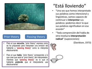 “Está lloviendo”
• “Una vez que hemos interpretado
sus palabras como intencional y
lingüísticas, somos capaces de
continuar e interpretar sus
palabras: podemos decir lo que
sus palabras significaban en esa
ocasión”
• “Toda comprensión del habla de
otro involucra interpretación
radical” (suposiciones)
(Davidson, 1973)
Prior theory Passing theory
√ Para el que escucha, “prior theory” expresa como
se ha preparado para interpretar una emisión del
hablante y “passing theory” como la interpreta
efectivamente.
√ Para el que habla, “prior theory” corresponde a lo
que cree que será la “prior theory” del interpretador,
mientras que “passing theory” es lo que el
hablante pretende que el interpretante use
efectivamente”
 