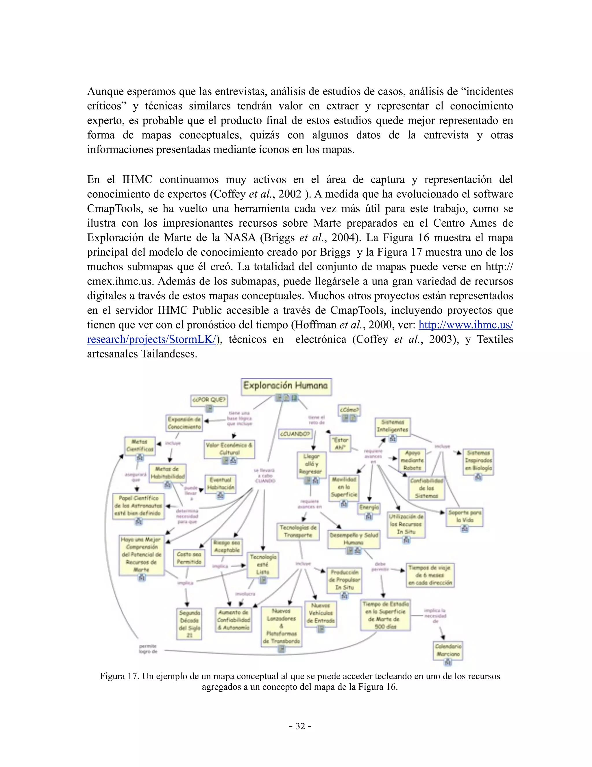Aunque esperamos que las entrevistas, análisis de estudios de casos, análisis de “incidentes
críticos” y técnicas similares tendrán valor en extraer y representar el conocimiento
experto, es probable que el producto final de estos estudios quede mejor representado en
forma de mapas conceptuales, quizás con algunos datos de la entrevista y otras
informaciones presentadas mediante íconos en los mapas.

En el IHMC continuamos muy activos en el área de captura y representación del
conocimiento de expertos (Coffey et al., 2002 ). A medida que ha evolucionado el software
CmapTools, se ha vuelto una herramienta cada vez más útil para este trabajo, como se
ilustra con los impresionantes recursos sobre Marte preparados en el Centro Ames de
Exploración de Marte de la NASA (Briggs et al., 2004). La Figura 16 muestra el mapa
principal del modelo de conocimiento creado por Briggs y la Figura 17 muestra uno de los
muchos submapas que él creó. La totalidad del conjunto de mapas puede verse en http://
cmex.ihmc.us. Además de los submapas, puede llegársele a una gran variedad de recursos
digitales a través de estos mapas conceptuales. Muchos otros proyectos están representados
en el servidor IHMC Public accesible a través de CmapTools, incluyendo proyectos que
tienen que ver con el pronóstico del tiempo (Hoffman et al., 2000, ver: http://www.ihmc.us/
research/projects/StormLK/), técnicos en electrónica (Coffey et al., 2003), y Textiles
artesanales Tailandeses.




  Figura 17. Un ejemplo de un mapa conceptual al que se puede acceder tecleando en uno de los recursos
                           agregados a un concepto del mapa de la Figura 16.



                                                 - 32 -
 