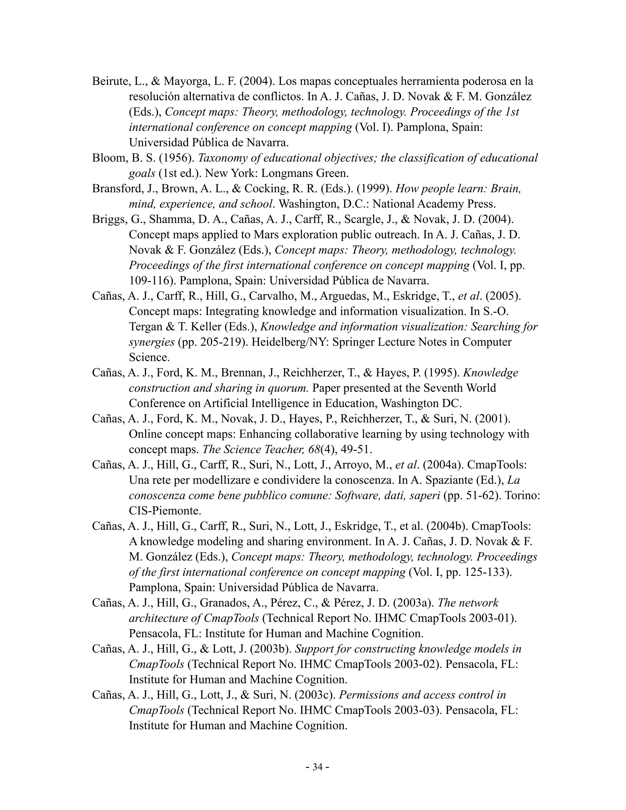 Beirute, L., & Mayorga, L. F. (2004). Los mapas conceptuales herramienta poderosa en la
       resolución alternativa de conflictos. In A. J. Cañas, J. D. Novak & F. M. González
       (Eds.), Concept maps: Theory, methodology, technology. Proceedings of the 1st
       international conference on concept mapping (Vol. I). Pamplona, Spain:
       Universidad Pública de Navarra.
Bloom, B. S. (1956). Taxonomy of educational objectives; the classification of educational
       goals (1st ed.). New York: Longmans Green.
Bransford, J., Brown, A. L., & Cocking, R. R. (Eds.). (1999). How people learn: Brain,
       mind, experience, and school. Washington, D.C.: National Academy Press.
Briggs, G., Shamma, D. A., Cañas, A. J., Carff, R., Scargle, J., & Novak, J. D. (2004).
       Concept maps applied to Mars exploration public outreach. In A. J. Cañas, J. D.
       Novak & F. González (Eds.), Concept maps: Theory, methodology, technology.
       Proceedings of the first international conference on concept mapping (Vol. I, pp.
       109-116). Pamplona, Spain: Universidad Pública de Navarra.
Cañas, A. J., Carff, R., Hill, G., Carvalho, M., Arguedas, M., Eskridge, T., et al. (2005).
       Concept maps: Integrating knowledge and information visualization. In S.-O.
       Tergan & T. Keller (Eds.), Knowledge and information visualization: Searching for
       synergies (pp. 205-219). Heidelberg/NY: Springer Lecture Notes in Computer
       Science.
Cañas, A. J., Ford, K. M., Brennan, J., Reichherzer, T., & Hayes, P. (1995). Knowledge
       construction and sharing in quorum. Paper presented at the Seventh World
       Conference on Artificial Intelligence in Education, Washington DC.
Cañas, A. J., Ford, K. M., Novak, J. D., Hayes, P., Reichherzer, T., & Suri, N. (2001).
       Online concept maps: Enhancing collaborative learning by using technology with
       concept maps. The Science Teacher, 68(4), 49-51.
Cañas, A. J., Hill, G., Carff, R., Suri, N., Lott, J., Arroyo, M., et al. (2004a). CmapTools:
       Una rete per modellizare e condividere la conoscenza. In A. Spaziante (Ed.), La
       conoscenza come bene pubblico comune: Software, dati, saperi (pp. 51-62). Torino:
       CIS-Piemonte.
Cañas, A. J., Hill, G., Carff, R., Suri, N., Lott, J., Eskridge, T., et al. (2004b). CmapTools:
       A knowledge modeling and sharing environment. In A. J. Cañas, J. D. Novak & F.
       M. González (Eds.), Concept maps: Theory, methodology, technology. Proceedings
       of the first international conference on concept mapping (Vol. I, pp. 125-133).
       Pamplona, Spain: Universidad Pública de Navarra.
Cañas, A. J., Hill, G., Granados, A., Pérez, C., & Pérez, J. D. (2003a). The network
       architecture of CmapTools (Technical Report No. IHMC CmapTools 2003-01).
       Pensacola, FL: Institute for Human and Machine Cognition.
Cañas, A. J., Hill, G., & Lott, J. (2003b). Support for constructing knowledge models in
       CmapTools (Technical Report No. IHMC CmapTools 2003-02). Pensacola, FL:
       Institute for Human and Machine Cognition.
Cañas, A. J., Hill, G., Lott, J., & Suri, N. (2003c). Permissions and access control in
       CmapTools (Technical Report No. IHMC CmapTools 2003-03). Pensacola, FL:
       Institute for Human and Machine Cognition.


                                             - 34 -
 