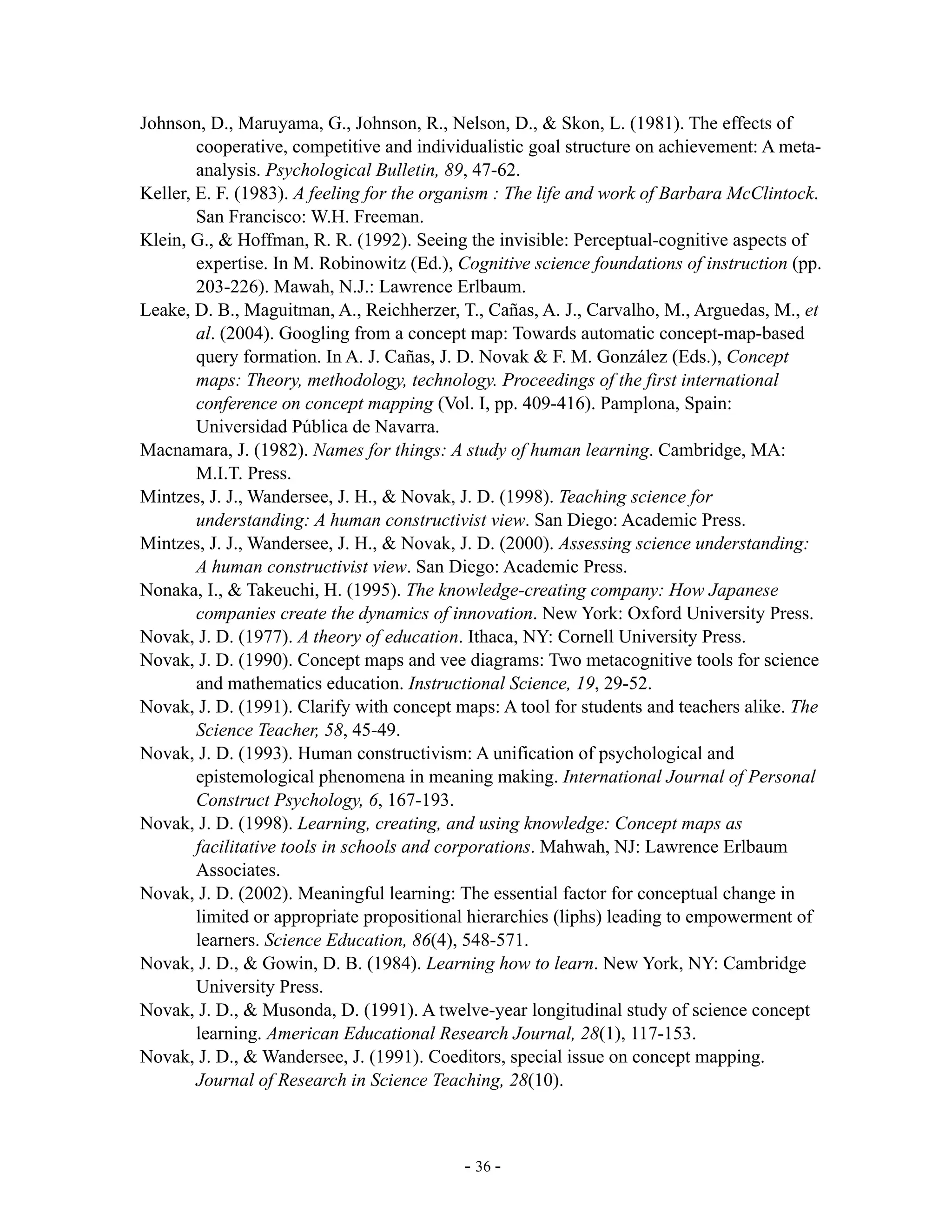 Johnson, D., Maruyama, G., Johnson, R., Nelson, D., & Skon, L. (1981). The effects of
        cooperative, competitive and individualistic goal structure on achievement: A meta-
        analysis. Psychological Bulletin, 89, 47-62.
Keller, E. F. (1983). A feeling for the organism : The life and work of Barbara McClintock.
        San Francisco: W.H. Freeman.
Klein, G., & Hoffman, R. R. (1992). Seeing the invisible: Perceptual-cognitive aspects of
        expertise. In M. Robinowitz (Ed.), Cognitive science foundations of instruction (pp.
        203-226). Mawah, N.J.: Lawrence Erlbaum.
Leake, D. B., Maguitman, A., Reichherzer, T., Cañas, A. J., Carvalho, M., Arguedas, M., et
        al. (2004). Googling from a concept map: Towards automatic concept-map-based
        query formation. In A. J. Cañas, J. D. Novak & F. M. González (Eds.), Concept
        maps: Theory, methodology, technology. Proceedings of the first international
        conference on concept mapping (Vol. I, pp. 409-416). Pamplona, Spain:
        Universidad Pública de Navarra.
Macnamara, J. (1982). Names for things: A study of human learning. Cambridge, MA:
        M.I.T. Press.
Mintzes, J. J., Wandersee, J. H., & Novak, J. D. (1998). Teaching science for
        understanding: A human constructivist view. San Diego: Academic Press.
Mintzes, J. J., Wandersee, J. H., & Novak, J. D. (2000). Assessing science understanding:
        A human constructivist view. San Diego: Academic Press.
Nonaka, I., & Takeuchi, H. (1995). The knowledge-creating company: How Japanese
        companies create the dynamics of innovation. New York: Oxford University Press.
Novak, J. D. (1977). A theory of education. Ithaca, NY: Cornell University Press.
Novak, J. D. (1990). Concept maps and vee diagrams: Two metacognitive tools for science
        and mathematics education. Instructional Science, 19, 29-52.
Novak, J. D. (1991). Clarify with concept maps: A tool for students and teachers alike. The
        Science Teacher, 58, 45-49.
Novak, J. D. (1993). Human constructivism: A unification of psychological and
        epistemological phenomena in meaning making. International Journal of Personal
        Construct Psychology, 6, 167-193.
Novak, J. D. (1998). Learning, creating, and using knowledge: Concept maps as
        facilitative tools in schools and corporations. Mahwah, NJ: Lawrence Erlbaum
        Associates.
Novak, J. D. (2002). Meaningful learning: The essential factor for conceptual change in
        limited or appropriate propositional hierarchies (liphs) leading to empowerment of
        learners. Science Education, 86(4), 548-571.
Novak, J. D., & Gowin, D. B. (1984). Learning how to learn. New York, NY: Cambridge
        University Press.
Novak, J. D., & Musonda, D. (1991). A twelve-year longitudinal study of science concept
        learning. American Educational Research Journal, 28(1), 117-153.
Novak, J. D., & Wandersee, J. (1991). Coeditors, special issue on concept mapping.
        Journal of Research in Science Teaching, 28(10).



                                           - 36 -
 