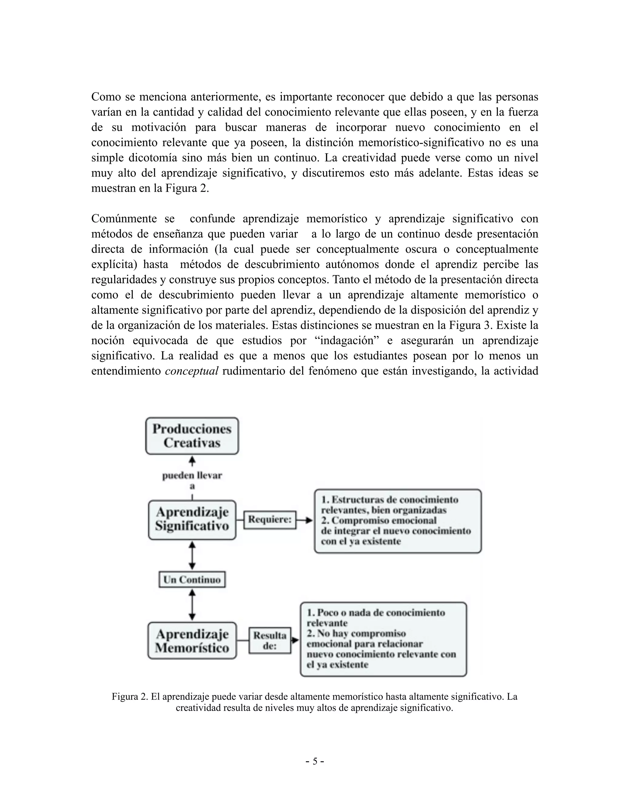Como se menciona anteriormente, es importante reconocer que debido a que las personas
varían en la cantidad y calidad del conocimiento relevante que ellas poseen, y en la fuerza
de su motivación para buscar maneras de incorporar nuevo conocimiento en el
conocimiento relevante que ya poseen, la distinción memorístico-significativo no es una
simple dicotomía sino más bien un continuo. La creatividad puede verse como un nivel
muy alto del aprendizaje significativo, y discutiremos esto más adelante. Estas ideas se
muestran en la Figura 2.

Comúnmente se confunde aprendizaje memorístico y aprendizaje significativo con
métodos de enseñanza que pueden variar a lo largo de un continuo desde presentación
directa de información (la cual puede ser conceptualmente oscura o conceptualmente
explícita) hasta métodos de descubrimiento autónomos donde el aprendiz percibe las
regularidades y construye sus propios conceptos. Tanto el método de la presentación directa
como el de descubrimiento pueden llevar a un aprendizaje altamente memorístico o
altamente significativo por parte del aprendiz, dependiendo de la disposición del aprendiz y
de la organización de los materiales. Estas distinciones se muestran en la Figura 3. Existe la
noción equivocada de que estudios por “indagación” e asegurarán un aprendizaje
significativo. La realidad es que a menos que los estudiantes posean por lo menos un
entendimiento conceptual rudimentario del fenómeno que están investigando, la actividad




    Figura 2. El aprendizaje puede variar desde altamente memorístico hasta altamente significativo. La
                    creatividad resulta de niveles muy altos de aprendizaje significativo.




                                                   -5-
 