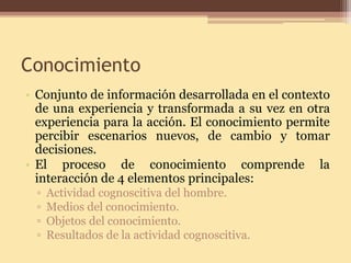 Conocimiento 
• 
Conjunto de información desarrollada en el contexto de una experiencia y transformada a su vez en otra experiencia para la acción. El conocimiento permite percibir escenarios nuevos, de cambio y tomar decisiones. 
• 
El proceso de conocimiento comprende la interacción de 4 elementos principales: 
▫ 
Actividad cognoscitiva del hombre. 
▫ 
Medios del conocimiento. 
▫ 
Objetos del conocimiento. 
▫ 
Resultados de la actividad cognoscitiva.  