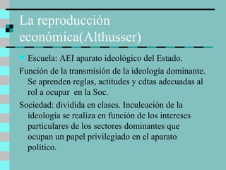 La reproducción
económica(Althusser)
 Escuela: AEI aparato ideológico del Estado.
Función de la transmisión de la ideología dominante.
Se aprenden reglas, actitudes y cdtas adecuadas al
rol a ocupar en la Soc.
Sociedad: dividida en clases. Inculcación de la
ideología se realiza en función de los intereses
particulares de los sectores dominantes que
ocupan un papel privilegiado en el aparato
político.
 