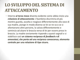 LO SVILUPPO DEL SISTEMA DI
ATTACCAMENTO
• Intorno al terzo mese diventa evidente come abbia inizio una
relazione di attaccamento: il bambino discrimina di più
mentre guarda, ascolta e reagisce differentemente alla voce di
sua madre, piange in modo diverso se lei se ne va o se si
allontanano altre persone, la saluta differentemente e
comincia ad alzare le braccia verso di lei per essere preso in
braccio. La madre ovviamente risponde a questi segnali e si
stabilisce così un sistema reciproco di feedback e di
omeostasi, che porta ad una reciproca conoscenza, elemento
centrale per una relazione di tipo sicuro.

 