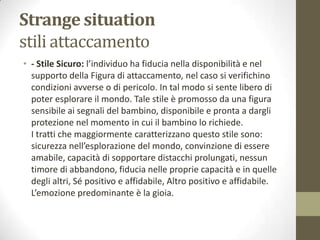 Strange situation
stili attaccamento
• - Stile Sicuro: l’individuo ha fiducia nella disponibilità e nel
supporto della Figura di attaccamento, nel caso si verifichino
condizioni avverse o di pericolo. In tal modo si sente libero di
poter esplorare il mondo. Tale stile è promosso da una figura
sensibile ai segnali del bambino, disponibile e pronta a dargli
protezione nel momento in cui il bambino lo richiede.
I tratti che maggiormente caratterizzano questo stile sono:
sicurezza nell’esplorazione del mondo, convinzione di essere
amabile, capacità di sopportare distacchi prolungati, nessun
timore di abbandono, fiducia nelle proprie capacità e in quelle
degli altri, Sé positivo e affidabile, Altro positivo e affidabile.
L’emozione predominante è la gioia.

 