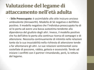 Valutazione del legame di
attaccamento nell’età adulta
• - Stile Preoccupato: è assimilabile allo stile insicuro ansioso
ambivalente (Ainsworth). Modello di Sé negativo e dell’Altro
positivo. Il modello negativo che l’individuo preoccupato ha di
sé lo porta ad avere una bassa autostima tendente alla
dipendenza del giudizio degli altri. Invece, il modello positivo
che ha dell’altro lo porta alla continua ricerca di compagni e di
attenzione. Necessita continuamente di intimità nelle relazioni
tanto da la sua insaziabilità nella richiesta di attenzione tende
a far allontanare gli altri. Le sue relazioni sentimentali sono
costellate di passione, rabbia, gelosia e ossessività. Tende ad
iniziare i conflitti con il partner rimandando, però, la rottura
del legame.

 