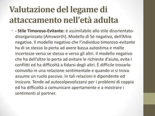 Valutazione del legame di
attaccamento nell’età adulta
• - Stile Timoroso-Evitante: è assimilabile allo stile disorientatodisorganizzato (Ainsworth). Modello di Sé negativo, dell’Altro
negativo. Il modello negativo che l’individuo timoroso-evitante
ha di se stesso lo porta ad avere bassa autostima e molte
incertezze verso se stesso e verso gli altri. Il modello negativo
che ha dell’altro lo porta ad evitare le richieste d’aiuto, evita i
conflitti ed ha difficoltà a fidarsi degli altri. È difficile trovarlo
coinvolto in una relazione sentimentale e quando vi si trova
assume un ruolo passivo. In tali relazioni è dipendente ed
insicuro. Tende ad autocolpevolizzarsi per i problemi di coppia
ed ha difficoltà a comunicare apertamente e a mostrare i
sentimenti al partner.

 