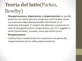 Teoria del lutto(Parkes,
Bowlby)
• Disorganizzazione, disperazione e riorganizzazione La perdita
porta via non solo la persona amata ma anche la base sicura
cui la persona abbandonata farebbe riferimento in un
momento di bisogno. E’ proprio tale dilemma a provocare lo
stato di disorganizzazione e disperazione, per cui il soggetto si
sente frammentato, svuotato, senza più confini sicuri.
• Riorganizzazione
• L’ultima fase è caratterizzata da un percorso che porta alla
riorganizzazione di sé e della propria esistenza.

 
