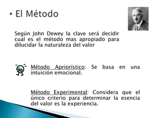 	Según John Dewey la clave será decidir cual es el método mas apropiado para dilucidar la naturaleza del valor El MétodoMétodo Apriorístico: Se basa en una intuición emocional.Método Experimental: Considera que el único criterio para determinar la esencia del valor es la experiencia.