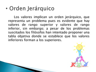 Orden Jerárquico		Los valores implican un orden jerárquico, que representa un problema pues es evidente que hay valores de rango superior y valores de rango inferior, sin embargo; a pesar de los problemas suscitados los filósofos han intentado proponer una tabla objetiva donde se establece que los valores inferiores forman a los superiores.