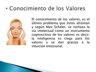 	El conocimiento de los valores, es el último problema que éstos afrontan y según Max Scheler, se rechaza la vía intelectual como un instrumento cognoscitivo de los valores es decir; la inteligencia es ciega para los valores y se dan gracias a la intuición emocional. Conocimiento de los Valores	Es importante que el individuo además de conocer lo valioso, lo ponga en práctica ya que; cuando los valores se postergan y no existe una conciencia de la dignidad  humana surge la crisis de valores, causada según Samuel Ramos, porque hoy en día vivimos una época de grandes convulsiones morales que alcanzan todos los órdenes de la existencia humana.La Crisis de Valores