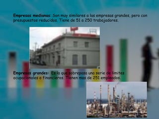 Empresas medianas: Son muy similares a las empresas grandes, pero con
presupuestos reducidos. Tiene de 51 a 250 trabajadores.

Empresas grandes: Es la que sobrepasa una serie de limites
ocupacionales o financieros. Tienen mas de 251 empleados.

 