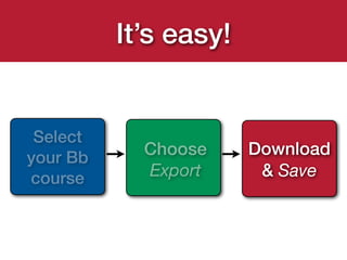 It’s easy!


 Select
your Bb     Choose     Download
course      Export      & Save
 