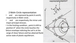 2 Mohr Circle representation
• and are represent by point A and B,
respectively in Mohr circle .
• and are respectively, the minor and
major principal stresses .
• In the limiting condition , point A shift to
position A’’ when the circle touches the
failure envelope indicting the soil is at the
verge of shear failure and has attained Rankine’s
active state of plastic equilibrium.
 