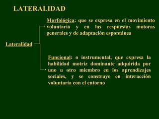 LATERALIDAD Lateralidad Morfológica : que se expresa en el movimiento voluntario y en las respuestas motoras generales y de adaptación espontánea Funcional : o instrumental, que expresa la habilidad motriz dominante adquirida por uno u otro miembro en los aprendizajes sociales, y se construye en interacción voluntaria con el entorno 