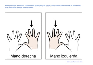 Mano derecha Mano izquierda
Pictos para apoyar el ejercicio 4. Usaremos estas ayudas para guiar que pie y mano usamos. Antes de hacerlo en mesa hacerlo
en el suelo, donde vea todas sus extremidades.
Kristina gago. Txomin aresti eskola
 