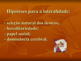 Hipóteses para a lateralidade: - seleção natural dos destros; - hereditariedade; - papel social; - dominância cerebral. 