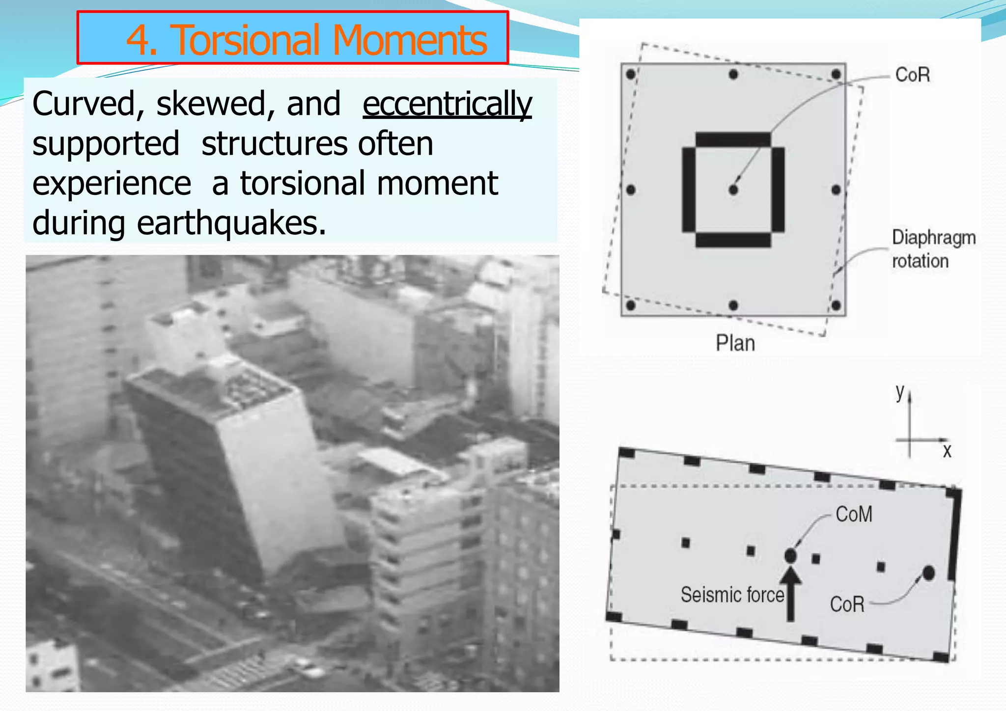4. Torsional Moments
Curved, skewed, and eccentrically
supported structures often
experience a torsional moment
during earthquakes.
 
