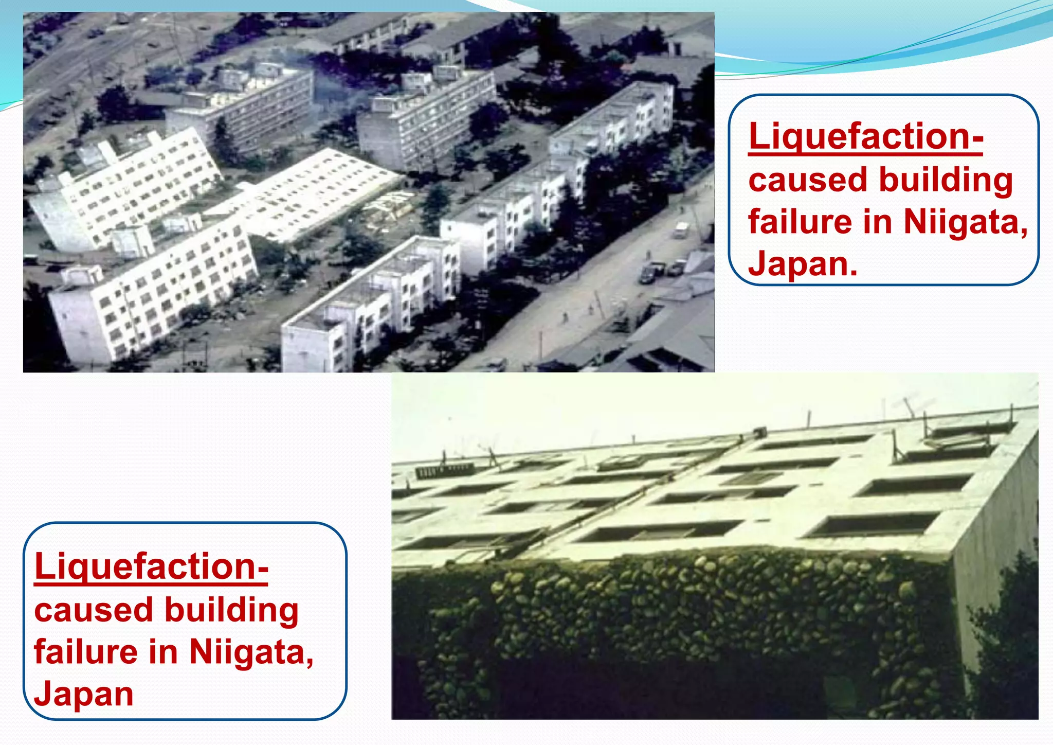 Liquefaction-
caused building
failure in Niigata,
Japan.
Liquefaction-
caused building
failure in Niigata,
Japan
 
