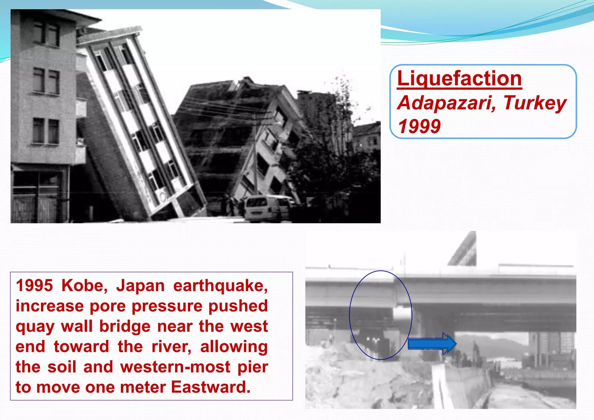 Liquefaction
Adapazari, Turkey
1999
1995 Kobe, Japan earthquake,
increase pore pressure pushed
quay wall bridge near the west
end toward the river, allowing
the soil and western-most pier
to move one meter Eastward.
 