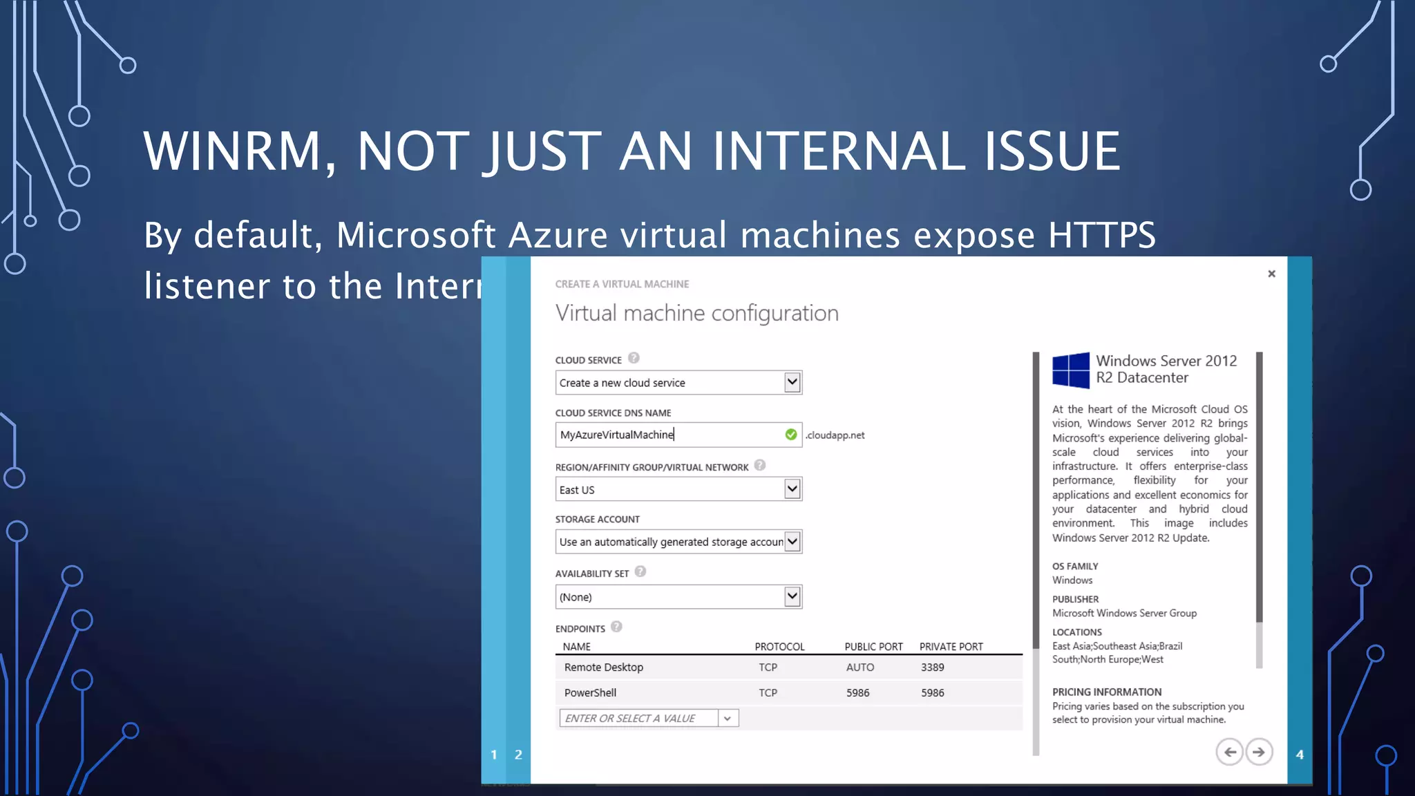 WINRM, NOT JUST AN INTERNAL ISSUE
By default, Microsoft Azure virtual machines expose HTTPS
listener to the Internet.
 