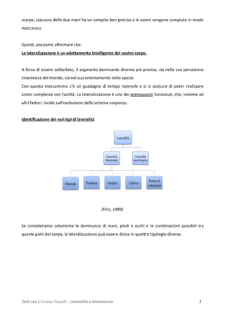 scarpe, ciascuna delle due mani ha un compito ben preciso e le azioni vengono compiute in modo
meccanico.
Quindi, possiamo affermare che:
La lateralizzazione è un adattamento intelligente del nostro corpo.
A forza di essere sollecitato, il segmento dominante diventa più preciso, sia nella sua percezione
cinestesica del mondo, sia nel suo orientamento nello spazio.
Con questo meccanismo c’è un guadagno di tempo notevole e ci si assicura di poter realizzare
azioni complesse con facilità. La lateralizzazione è uno dei prerequesiti funzionali, che, insieme ad
altri fattori, incide sull’evoluzione dello schema corporeo.
Identificazione dei vari tipi di lateralità
(Fetz, 1989)
Se consideriamo solamente la dominanza di mani, piedi e occhi e le combinazioni possibili tra
queste parti del corpo, la lateralizzazione può essere divisa in quattro tipologie diverse.
Dott.ssa Cristina Tonelli - Lateralità e Dominanza 3
 